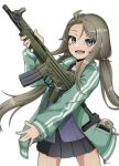  1girl :d ak_5 assault_rifle black_skirt blue_shirt brown_hair cetme_model_l commentary_request fn_fnc forehead full_body green_jacket grey_eyes gun hair_ornament hairclip hand_up highres holding holding_gun holding_weapon jacket kneehighs loafers long_hair long_sleeves low_twintails open_clothes open_jacket original paravene parted_bangs pleated_skirt puffy_long_sleeves puffy_sleeves rifle school_uniform shirt shoes signature simple_background skirt sleeves_past_wrists smile socks solo twintails very_long_hair weapon white_background 