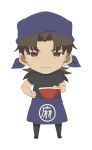  1boy apron black_footwear black_pants black_shirt blue_apron blue_headwear brown_eyes brown_hair chibi closed_mouth clothes_writing commentary_request fate/kaleid_liner_prisma_illya fate_(series) full_body holding kotomine_kirei kotomine_kirei_(prisma_illya) long_hair looking_at_viewer male_focus no_nose official_art pants shirt short_sleeves simple_background solo standing straight-on white_background 