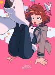  1girl :o blazer blue_bodysuit blush_stickers bodysuit boku_no_hero_academia boots brown_eyes brown_hair floating grey_jacket headgear highres jacket legs_up midair multicolored_bodysuit multicolored_clothes nns146 open_mouth pink_bodysuit school_uniform short_hair solo star_(symbol) u.a._school_uniform uraraka_ochako wide-eyed 