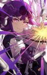  1girl aiming aiming_at_viewer bullet closed_mouth eyewear_on_head firing glass_shards gloves gun highres holding holding_gun holding_weapon honkai:_star_rail honkai_(series) kafka_(honkai:_star_rail) light_blush long_sleeves looking_at_viewer purple_eyes purple_gloves purple_hair round_eyewear shirt solo weapon white_shirt yellow_glasses_(odivichno) 