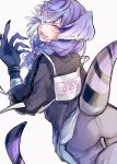  1girl ass black_sweater blue_eyes braid dragon_tail from_behind hair_ornament hairclip head_tilt head_wings heterochromia hiyama_mirano layered_clothes looking_back medium_hair nijisanji nijisanji_en open_hand pants pinstripe_pattern pinstripe_shirt purple_eyes purple_hair purple_pants selen_tatsuki shirt smile solo striped sweater tail twin_braids v-shaped_eyebrows virtual_youtuber white_shirt 