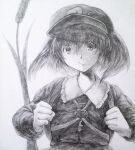  1girl absurdres commentary flat_cap graphite_(medium) greyscale hat highres ikeda_ruriko kawashiro_nitori key looking_at_viewer medium_hair monochrome solo touhou traditional_media upper_body white_background 