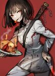  1girl black_hair blood blood_on_clothes bongy_(limbus_company) buttons chef chicken_(food) chuhaibane cigarette food highres holding holding_plate jacket katana limbus_company long_sleeves looking_at_viewer pants parted_lips plate project_moon red_background red_eyes ryoshu_(limbus_company) sheath sheathed short_hair simple_background smile solo sword weapon white_jacket white_pants 