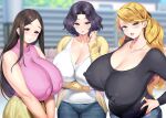  1girl arm_under_breasts black_hair black_shirt blonde_hair blue_pants blurry blurry_background breasts brown_skirt cardigan cleavage closed_mouth collarbone covered_nipples day denim earrings fence hakai_shin highres house huge_breasts impossible_clothes impossible_shirt jeans jewelry lips long_hair looking_at_viewer mature_female nail_polish necklace non-web_source original outdoors pants parted_lips pink_sweater puffy_nipples ring shirt sidelocks skirt sleeveless sleeveless_sweater smile solo standing sweater utility_pole white_shirt window yellow_cardigan 