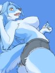  2023 5_fingers anthro big_breasts blue_body blue_fur blue_hair bottomwear breasts butt canid canine claws clothed clothing cutoffs denim denim_clothing digital_media_(artwork) fangs female female_anthro finger_claws fingers fur hair hi_res kemono kikurage looking_at_viewer low-angle_view mammal open_mouth shorts solo teeth tongue topless topless_anthro topless_female yellow_eyes 