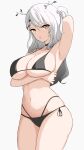  1girl alternate_hairstyle arm_up armpits ass bare_shoulders bikini black_hair breast_hold breasts ceres_fauna collarbone gothic highres hololive hololive_english large_breasts looking_at_viewer midriff stomach swimsuit thighs white_hair yellow_eyes zeropen 