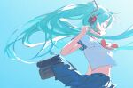  1girl aqua_background aqua_hair bag blue_skirt bow bowtie closed_eyes floating_hair from_side hatsune_miku headset highres long_hair navel open_mouth profile red_bow red_bowtie shirt short_sleeves sketch skirt smile solo twintails upper_body very_long_hair vocaloid white_shirt yuyin_(uzrv7533) 