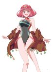  1girl :d bare_shoulders black_one-piece_swimsuit breasts brown_jacket circlet core_crystal_(xenoblade) feet_out_of_frame jacket kageyasu legs looking_at_viewer medium_hair one-piece_swimsuit open_clothes open_jacket open_mouth pyra_(pro_swimmer)_(xenoblade) pyra_(xenoblade) red_eyes red_hair simple_background smile solo swept_bangs swimsuit white_background xenoblade_chronicles_(series) xenoblade_chronicles_2 