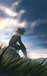  1boy black_hair black_pants black_shirt blurry blurry_foreground boku_no_hero_academia eraser_head_(boku_no_hero_academia) facing_away grass grey_scarf grey_sky highres male_focus messy_hair outdoors pants rnuyvm rock scarf shirt sitting sitting_on_rock sky solo sunlight wind 