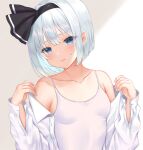  1girl aqua_eyes black_hairband blush breasts closed_mouth collarbone commentary_request grey_hair hairband highres konpaku_youmu long_sleeves looking_at_viewer short_hair small_breasts solo touhou upper_body y_na1211 