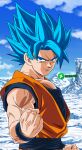  1boy absurdres alternate_color alternate_eye_color alternate_hair_color deviantart_logo deviantart_username dougi dragon_ball dragon_ball_super gabrielf666 highres looking_at_viewer muscular muscular_male nakatsuru_katsuyoshi_(style) palette_swap son_goku super_saiyan super_saiyan_blue 