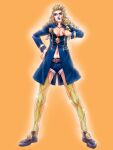  1girl argyle argyle_legwear blonde_hair blue_eyes chaps cleavage_cutout clothing_cutout curly_hair full_body genderswap genderswap_(mtf) giorno_giovanna jojo_no_kimyou_na_bouken ladybug_ornament leg_cutout long_hair midriff_peek navel_piercing pantyhose piercing saksak69 short_shorts shorts solo standing vento_aureo 