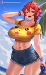  1girl aizawa_tomo blue_shorts bracelet breasts can character_print cloud collarbone commentary cropped_shirt cutoffs day earrings enmanuelart20 hair_between_eyes high-waist_shorts highres holding holding_can horizon jewelry large_breasts looking_at_viewer navel ocean open_mouth outdoors palm_leaf patreon_logo patreon_username pikachu pokemon red_hair shirt short_shorts short_sleeves shorts sidelocks smile thighs tomo-chan_wa_onna_no_ko water watermark web_address yellow_shirt 