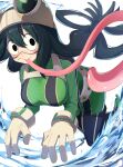  1girl absurdres asui_tsuyu bitseon black_bodysuit black_eyes black_hair blush bodysuit boku_no_hero_academia breasts frog_girl gloves goggles goggles_on_head green_bodysuit hair_between_eyes hair_rings highres large_breasts long_hair long_tongue looking_at_viewer low-tied_long_hair multicolored_bodysuit multicolored_clothes smile solo tongue tongue_out water white_background white_gloves 