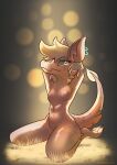  absurd_res anthro belly breasts brown_body dragon ear_piercing feet female fur furred_dragon green_eyes hair hands_behind_head hi_res hindpaw kneeling looking_at_viewer muffinlicious navel nipples paws piercing pink_nipples simple_background small_breasts smile solo solo_focus tail 