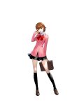  1girl absurdres bag black_skirt black_socks bow bowtie brown_eyes brown_footwear brown_hair cardigan choker collared_shirt ear_piercing english_commentary full_body highres holding holding_bag kneehighs loafers long_sleeves official_art persona persona_3 persona_3_reload piercing pink_cardigan pleated_skirt red_bow red_bowtie school_uniform shirt shoes short_hair simple_background skirt socks solo standing takeba_yukari white_background white_choker white_shirt 