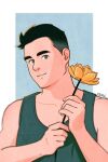  1boy bara black_eyes black_hair blue_background flower green_tank_top highres holding holding_flower imramillust looking_at_viewer male_focus muscular muscular_male original short_hair smile solo tank_top thick_eyebrows undercut upper_body white_background 