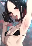  1girl absurdres animal_ears arm_behind_head arm_up armpits bikini black_bikini black_choker black_gloves black_hair breasts cat_ears choker fellatio_gesture folded_ponytail gloves hand_up highres kaguya-sama_wa_kokurasetai_~tensai-tachi_no_renai_zunousen~ looking_at_viewer open_mouth red_eyes red_ribbon ribbon saliva saliva_trail shinomiya_kaguya sidelocks small_breasts solo swimsuit tomodachi_(tomofanart) tongue tongue_out 