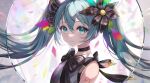  1girl absurdres aqua_eyes bare_shoulders black_bow black_bowtie black_choker black_flower blue_hair bow bowtie choker closed_mouth english_commentary flower grey_shirt hair_between_eyes hair_flower hair_ornament hatsune_miku highres leaf leaf_hair_ornament long_hair looking_at_viewer narijade number_tattoo shirt sidelocks sleeveless sleeveless_shirt smile solo striped striped_bow striped_bowtie tattoo twintails vocaloid 