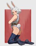  1girl animal_ear_fluff animal_ears bare_shoulders black_footwear boku_no_hero_academia boots closed_mouth commentary cosplay forehead from_side full_body gloves grey_background highres kart_prowler kneeling leotard looking_at_viewer looking_to_the_side mirko mirko_(cosplay) original rabbit_ears rabbit_girl rabbit_tail red_background red_eyes solo tail thick_eyebrows thigh_boots two-tone_background white_gloves white_hair white_leotard 
