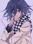  1boy black_hair blue_background checkered_clothes checkered_scarf danganronpa_(series) danganronpa_v3:_killing_harmony grey_jacket hair_between_eyes hand_up highres jacket long_sleeves looking_at_viewer male_focus medium_hair notice_lines oma_kokichi parted_lips purple_eyes scarf simple_background solo urami0310 