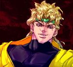  1boy blonde_hair bracelet dio_brando ear_birthmark earrings headband heart-shaped_ornament highres jacket jewelry jojo_no_kimyou_na_bouken looking_down male_focus portrait red_eyes ruushii_(lucy_steel6969) solo stardust_crusaders turtleneck yellow_jacket 