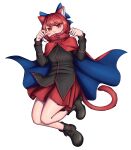  1girl absurdres animal_ear_fluff animal_ears black_footwear black_shirt blue_bow blue_cape blush bow cape cat_ears cat_tail commentary commission english_commentary full_body hair_bow hands_up highres kemonomimi_mode long_sleeves looking_at_viewer mefomefo paw_pose red_cape red_eyes red_hair red_skirt second-party_source sekibanki shirt shoes short_hair simple_background skirt solo tail touhou two-sided_cape two-sided_fabric unfinished_dream_of_all_living_ghost white_background 