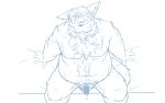  2023 anthro belly blush bodily_fluids canid canine canis censored cum cum_on_belly cum_on_body domestic_dog genital_fluids genitals kemono male mammal mature_male moobs navel nipples oogamikennta overweight overweight_male penis sitting solo 