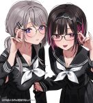  2girls adjusting_eyewear alternate_hairstyle black_hair black_hairband black_nails black_sailor_collar black_serafuku black_shirt black_skirt blue_eyes blush breasts chigusa_minori cleavage collarbone colored_inner_hair commentary_request cowboy_shot glasses gradient_nails grey_hair hair_ornament hairband hairclip highres large_breasts long_hair long_sleeves looking_at_viewer low_twintails medium_breasts multicolored_hair multiple_girls neckerchief parted_lips pleated_skirt purple_eyes purple_hair purple_nails round_eyewear sailor_collar saotome_shino_(shino_to_ren) school_uniform serafuku shino_to_ren shirayuki_ren shirt short_hair sidelocks simple_background skirt smile tongue tongue_out translation_request twintails two-tone_hair white_background white_neckerchief 