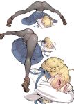  1girl absurdres ahoge arched_back artoria_pendragon_(fate) ass black_pantyhose blonde_hair blue_ribbon blue_skirt blush braid braided_bun brown_footwear fate/stay_night fate_(series) from_behind green_eyes hair_bun hair_ribbon highres jack-o&#039;_challenge little_mojoi looking_at_viewer looking_back pantyhose ribbon saber shadow shirt skirt sweat thighs top-down_bottom-up white_background white_shirt wide_sleeves 