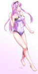  1girl barefoot blue_eyes breasts covered_navel eiyuu_densetsu full_body kuro_no_kiseki looking_at_viewer medium_breasts one-piece_swimsuit parted_bangs purple_hair purple_one-piece_swimsuit renne_(eiyuu_densetsu) sidelocks signature simple_background smile solo swimsuit two-tone_background xiacheng_tatsuya yellow_eyes 