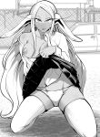  1girl :/ absurdres animal_ears blurry blurry_background boku_no_hero_academia breasts car clothes_lift collarbone collared_shirt dark-skinned_female dark_skin greyscale highres kneeling large_breasts lifted_by_self long_eyelashes long_hair looking_at_viewer mirko monochrome motor_vehicle nipples nstime23 off_shoulder open_clothes open_shirt panties parted_bangs rabbit_ears rabbit_girl shirt single_bare_shoulder skirt skirt_lift solo sweat thighhighs thighs underwear very_long_hair white_hair white_panties white_shirt white_thighhighs 