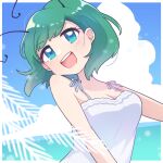  1girl :d alternate_costume antennae blue_eyes blue_sky blush breasts cleavage cloud commentary_request dress green_hair highres horizon looking_at_viewer medium_bangs miyaco_(shirataki_168) ocean one-hour_drawing_challenge open_mouth photoshop_(medium) round_teeth short_hair sky smile solo sundress teeth touhou upper_body upper_teeth_only water white_dress wriggle_nightbug 