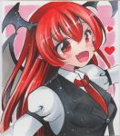  1girl bat_wings black_vest blush breasts collared_shirt fang hair_between_eyes head_wings heart juliet_sleeves koakuma long_hair long_sleeves looking_at_viewer maccha_xxxxxx marker_(medium) medium_breasts necktie open_mouth pink_background pointy_ears puffy_sleeves red_eyes red_hair red_necktie shirt simple_background solo touhou traditional_media upper_body vest white_shirt wings 