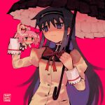  2girls absurdres akemi_homura black_hair black_hairband black_umbrella blush chibi hairband highres holding holding_umbrella kaname_madoka lifting_person looking_at_another magical_girl mahou_shoujo_madoka_magica mini_person minigirl mitakihara_school_uniform multiple_girls pink_hair red_background red_theme school_uniform size_difference sunny_waifu umbrella upper_body 