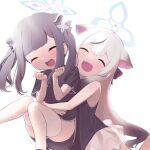  2girls animal_ears black_dress black_hair blue_archive blush carrying carrying_person china_dress chinese_clothes closed_eyes commentary_request dress erogomatinpo female_child gradient_hair grey_hair halo highres hug hug_from_behind kokona_(blue_archive) long_hair medium_hair multicolored_hair multiple_girls open_mouth pinstripe_pattern short_sleeves shun_(blue_archive) shun_(small)_(blue_archive) siblings simple_background sisters skirt sleeveless sleeveless_dress smile striped thighhighs thighs twintails very_long_hair white_background white_skirt white_thighhighs 
