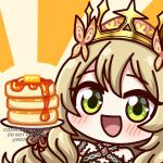  1girl :d bare_shoulders blonde_hair blush bow butter butterfly_hair_ornament celine_(fire_emblem) chibi commission crown fire_emblem fire_emblem_engage flower food green_eyes hair_flower hair_ornament holding holding_plate looking_at_viewer noredji open_mouth orange_bow pancake pancake_stack plate smile solo syrup twitter_username upper_body wrist_bow 