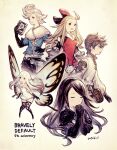  2boys 3girls agnes_oblige ahoge airy_(bravely_default) anniversary armor armored_dress belt_pouch black_gloves black_hair blonde_hair blue_eyes book bow bravely_default:_flying_fairy bravely_default_(series) brown_hair butterfly_wings closed_eyes dress edea_lee elbow_gloves fairy fairy_wings fur_trim gloves hair_bow hairband holding holding_book long_hair minigirl multiple_boys multiple_girls official_style own_hands_together parody pointy_ears pompadour pouch praying ringabel satou_kivi short_dress short_hair simple_background smile strapless strapless_dress style_parody tiz_arrior white_dress white_hair wings 