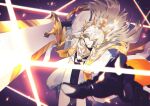  1boy alchemy_stars attack beard black_gloves coat commentary eyepatch facial_hair gloves grey_hair holding holding_sword holding_weapon incoming_attack long_hair looking_at_viewer male_focus outstretched_hand schwartz_(alchemy_stars) solo sword tai_kusu weapon white_coat yellow_eyes 