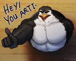  2023 5:4 anthro anthrofied avian barazoku beak big_muscles bird dialogue dreamworks english_text eyebrows feathers gesture hi_res hole_in_wall huge_muscles madagascar_(series) male meme muscular muscular_anthro muscular_male nude open_mouth pecs penguin pointing reaction_image shadow signature skipper_(madagascar) solo text tigergoru tongue tuft wall_(structure) 