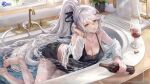  1girl absurdres azur_lane bare_legs barefoot bathtub bibimbub black_bra black_ribbon black_shorts bottle bra braid breasts cleavage commentary copyright_name cork cup drinking_glass english_commentary expressionless faucet foot_out_of_frame glint grey_hair hair_between_eyes hair_ornament hair_ribbon hairclip halterneck hand_in_own_hair highres holding holding_bottle kirov_(azur_lane) kirov_(blend_r)_(azur_lane) lace-trimmed_bra lace_trim large_breasts logo long_hair looking_at_viewer midriff milestone_celebration off_shoulder official_alternate_costume open_clothes open_shirt parted_lips partially_submerged ponytail red_wine ribbon second-party_source see-through shirt short_shorts shorts solo swept_bangs towel towel_rack underwear very_long_hair water watermark wet wet_clothes wet_shirt white_shirt wine_bottle wine_glass yellow_eyes 