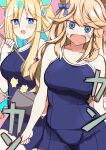  2girls animal_ears blonde_hair blue_eyes blue_hair blue_one-piece_swimsuit breasts commentary_request cooking_pot cowboy_shot ear_bow ear_ornament gold_city_(umamusume) gradient_hair hair_between_eyes highres holding holding_cooking_pot holding_ladle horse_ears horse_girl ladle large_breasts multicolored_hair multiple_girls neo_universe_(umamusume) one-piece_swimsuit open_mouth streaked_hair surprised swimsuit tracen_swimsuit umamusume wahiko_(black_bastard) 