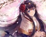  1girl blue_eyes branch brown_hair cherry_blossoms commentary counter:side falling_petals floating_hair floral_background floral_print flower hair_flower hair_ornament japanese_clothes kanzashi kimono light_particles long_hair looking_at_viewer nanahara_chinatsu obi own_hands_clasped own_hands_together petals purple_kimono sash shanabi0610 sidelocks smile solo spring_(season) tassel tsumami_kanzashi upper_body white_kimono 
