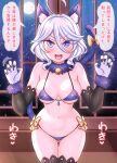  1girl animal_ears ass_visible_through_thighs bikini blue_eyes blue_hair blush breasts cat_ears cat_tail claw_pose covered_nipples drop-shaped_pupils elbow_gloves fur-trimmed_gloves fur-trimmed_legwear fur_collar fur_trim furina_(genshin_impact) genshin_impact gloves highres lace-trimmed_legwear lace_trim looking_at_viewer medium_breasts micro_bikini mismatched_pupils multicolored_hair navel open_mouth purple_gloves revealing_clothes solo stomach swimsuit tail thigh_gap thighhighs thighs white_hair yakisobapan_tarou_&amp;_negitoro-ko 