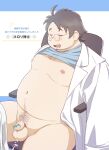  1boy bara bare_pectorals belly blush censored character_censor chest_hair clothes_lift cum_on_penis drooling facial_hair fat fat_man feet_out_of_frame flaccid glasses grey_hair highres labcoat male_focus mature_male merchandise mouth_drool navel navel_hair neroli_(pokemon) novelty_censor pectorals plump pokemon_sleep round_eyewear shirt_lift short_hair sitting sleep_mask sleeping snorlax solo stomach stubble thighs underpec underwear_around_one_leg wet_dream yukimushi6 