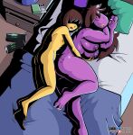  anthro bed breast_grab breasts brown_hair butt covered_eyes duo female fours_(artist) freckles furniture hair hand_on_breast hi_res human human_on_anthro interspecies male male/female mammal messy_bed nipples purple_body purple_skin romantic romantic_couple sleeping sleeping_together yellow_body yellow_skin 