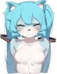  abmoyo alternate_species blue_body blue_eyes blue_fur blush breasts featureless_breasts featureless_crotch felid feline felis fur furrification hair hatsune_miku hi_res long_hair mammal simple_background vocaloid white_body white_fur 