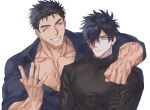  2boys arm_around_neck bara black_gloves black_hair black_sweater blue_eyes blue_shirt burn_scar bursting_pectorals couple domo_(domo_kizusuki) eye_contact eyelashes frown gloves grey_eyes hair_over_one_eye kokado_shido_(domo) large_pectorals looking_at_another male_focus multiple_boys muscular muscular_male one_eye_closed original pectoral_cleavage pectorals scar scar_across_eye scar_on_face shirt short_hair sideburns smile spiked_hair sweater thick_eyebrows toned toned_male turtleneck turtleneck_sweater upper_body v-neck veins white_background yaoi 