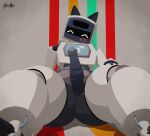  3d_(artwork) absurd_res anthro belly biped digital_media_(artwork) genitals hi_res kolajo looking_at_viewer machine male not_furry penis robot screen screen_face simple_background sitting solo thick_thighs unusual_anatomy unusual_genitalia unusual_penis 