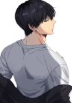  1boy absurdres black_hair black_jacket closed_mouth frown grey_shirt haikyuu!! highres jacket kageyama_tobio kwonrugger looking_back male_focus shadow shirt short_hair solo twitter_username white_background 